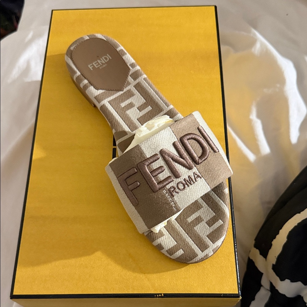 Fendi Tan Logo Slide Sandals